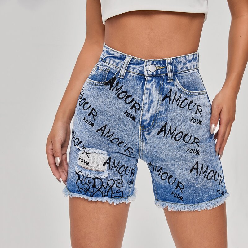 

Raw Hem Ripped Letter Graphic Denim Shorts, Light wash
