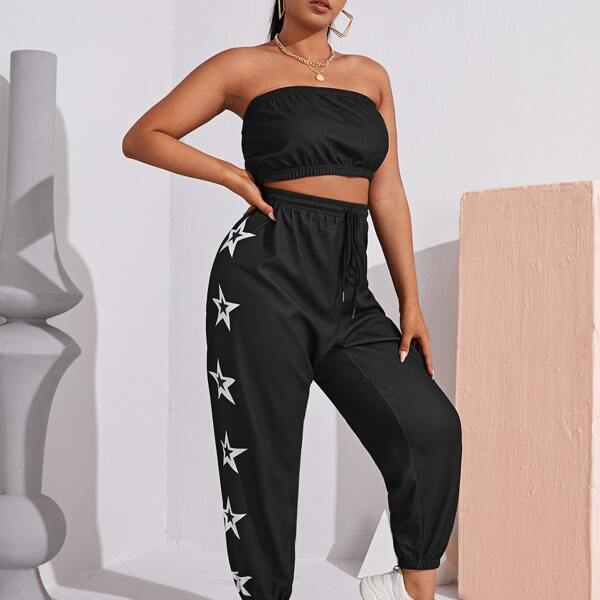 

Plus Tube Top & Star Print Sweatpants Set, Black