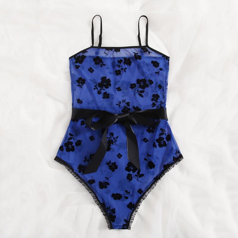 

Floral Belted Teddy Bodysuit, Blue