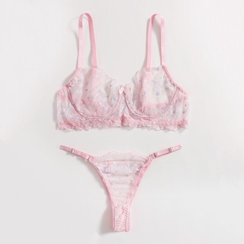 

Floral Embroidery Lingerie Set, Baby pink