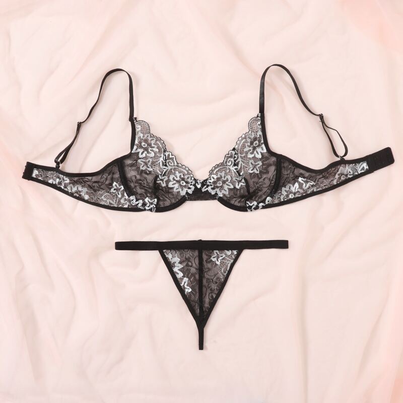 

Floral Lace Thong Lingerie Set, Black and white