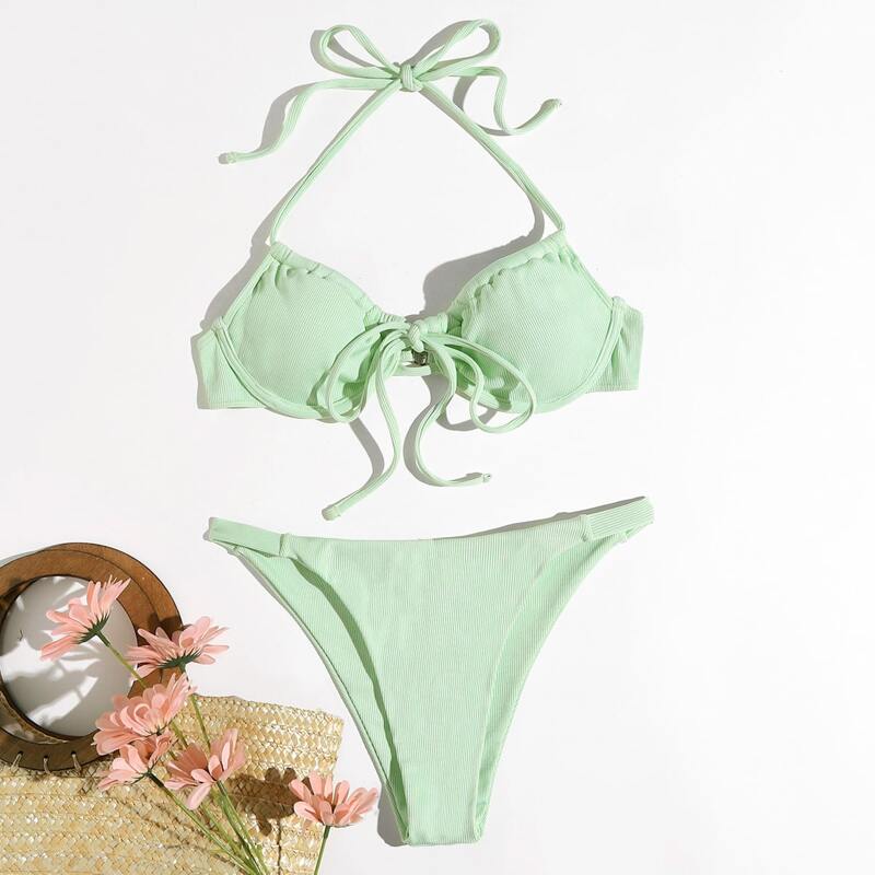 

Tie Front Underwire Bikini Swimsuit, Mint green