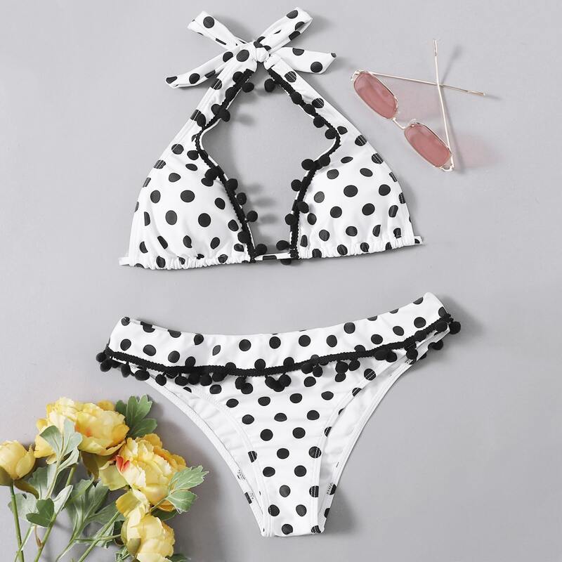 

Polka Dot Halter Bikini Swimsuit, Black and white
