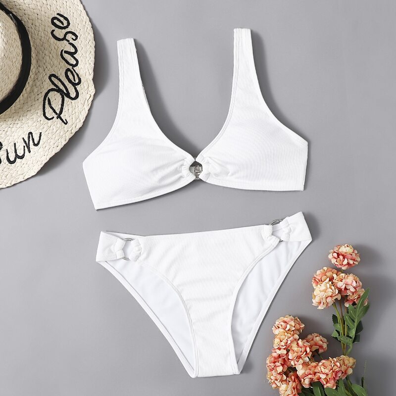 

Ribbed Ring Decor Bikini Swimsuit, White