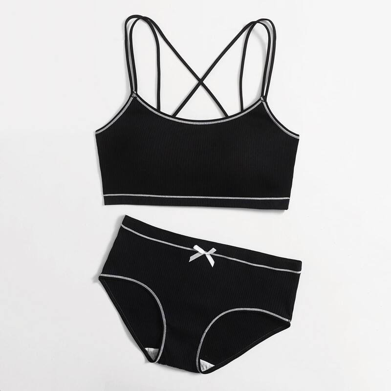 

Contrast Stitching Bow Lingerie Set, Black