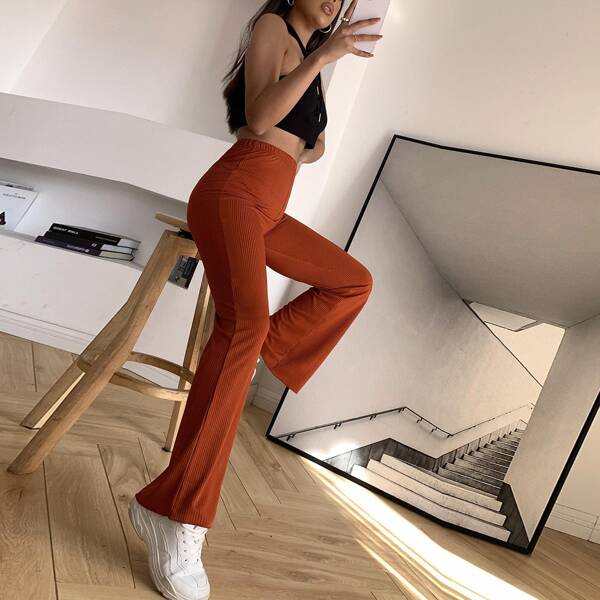 

High Waist Rib-knit Pants, Red