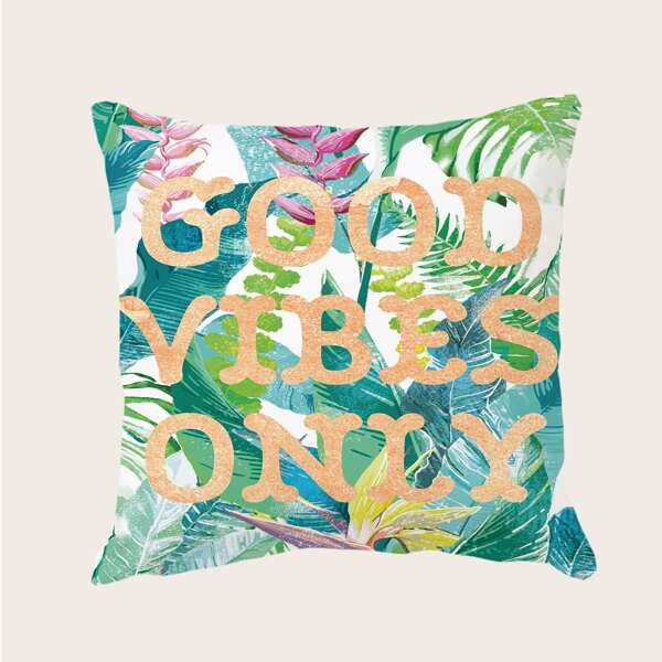 

Leaf & Slogan Graphic Cushion Cover Without Filler, Multicolor