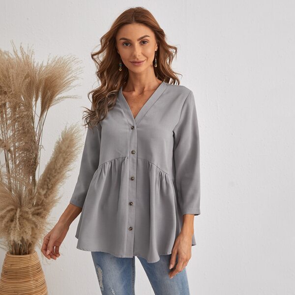 

Solid Button Up Babydoll Blouse, Grey