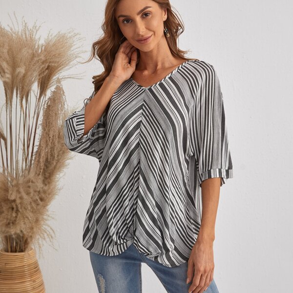

Striped Twist Front Blouse, Grey