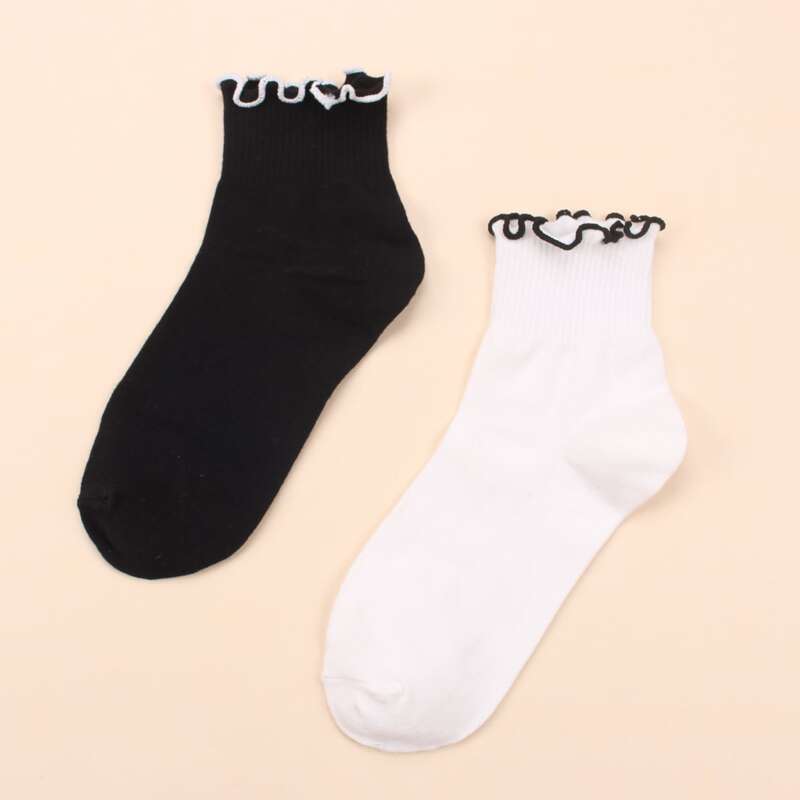 

2pairs Lettuce Trim Crew Socks, Black and white