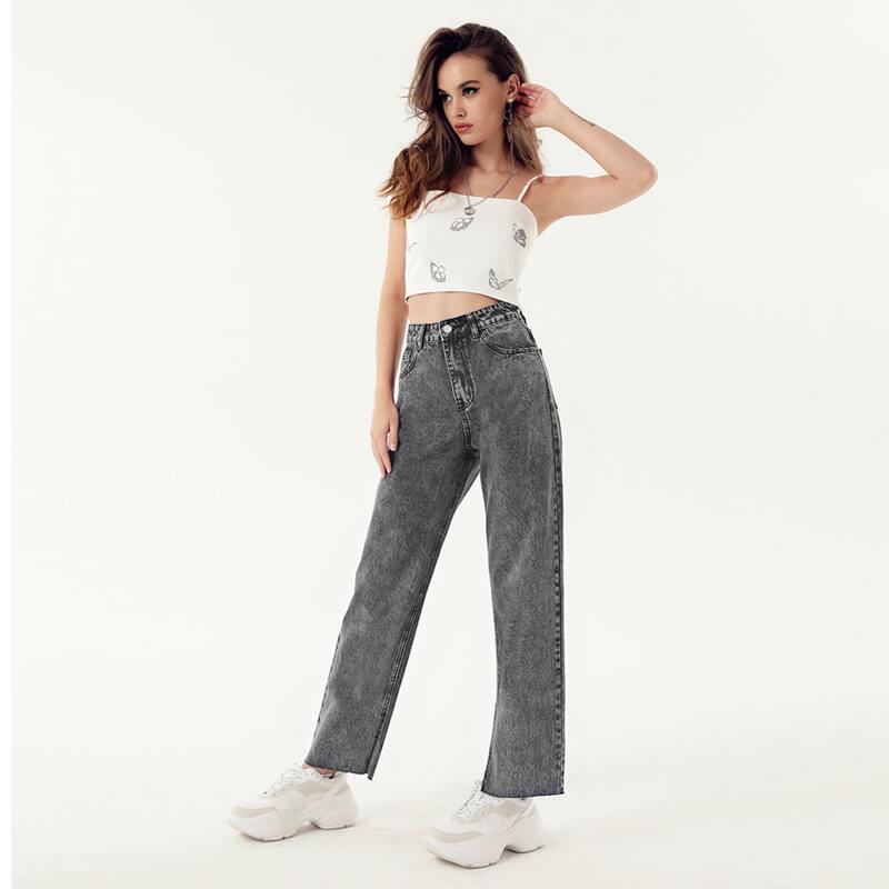 

High Waist Slant Pocket Straight Jeans, Dark grey
