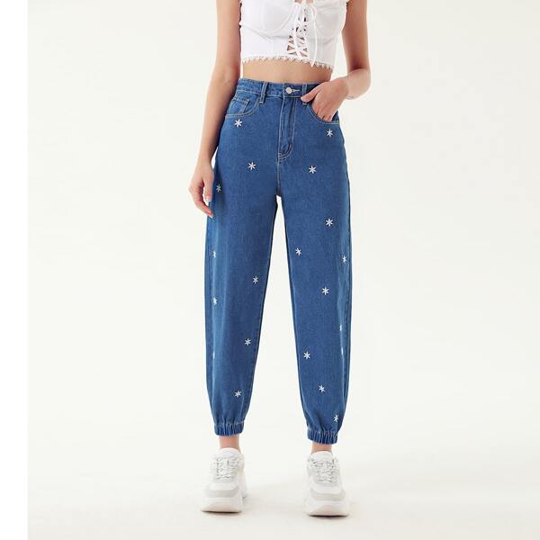 

High Waist Embroidery Jogger Jeans, Medium wash