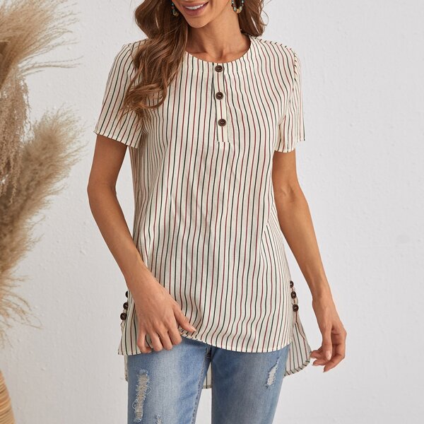 

Striped Half Button High Low Blouse, Multicolor