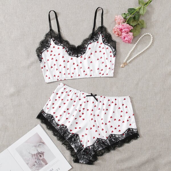 

Plus Heart Print Lace Trim Lingerie Set, White