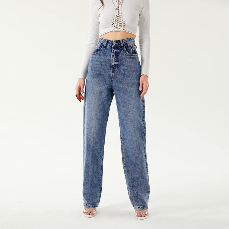 

High Waist Slant Pocket Straight Jeans, Medium wash