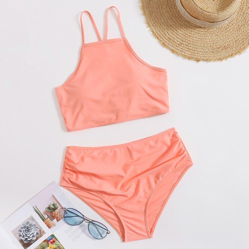 

Lace-up High Waist Bikini Swimsuit, Coral orange
