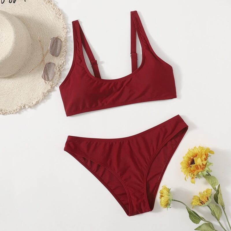 

Solid Plain Bikini Swimsuit, Burgundy