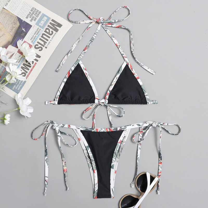 

Contrast Binding Triangle Thong Bikini Swimsuit, Black
