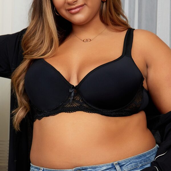 

Plus Lace Trim Underwire Bra, Black