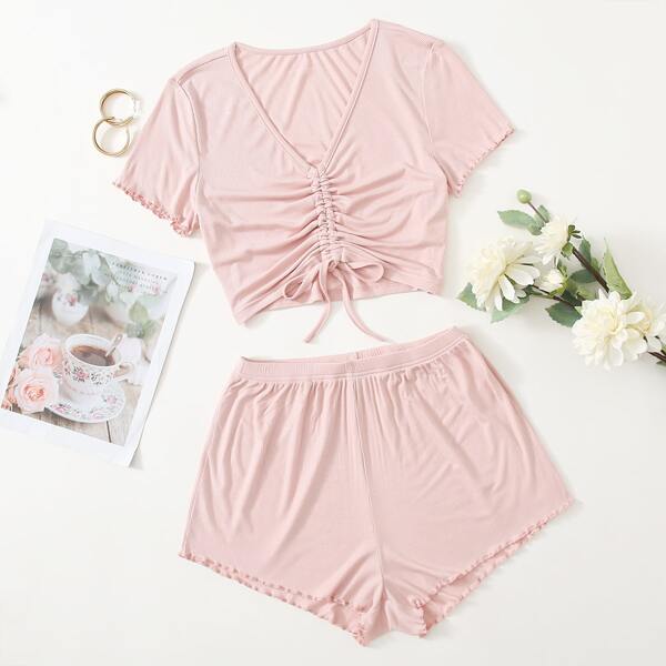 

Solid Drawstring Lettuce Trim Lounge Set, Baby pink