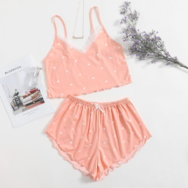 

Polka Dot Lace Insert Lettuce Trim Pajama Set, Coral pink