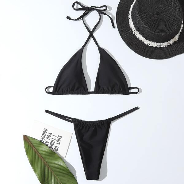 

Cross Halter Thong Bikini Swimsuit, Black