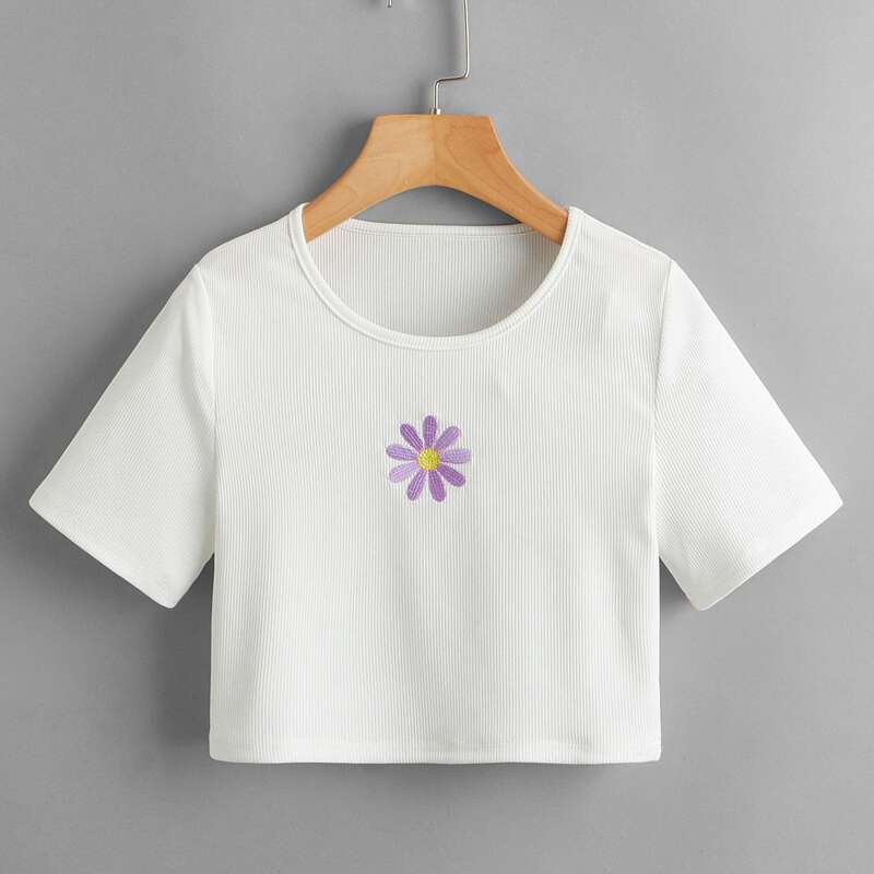 

Flower Embroidery Ribbed Crop Tee, White