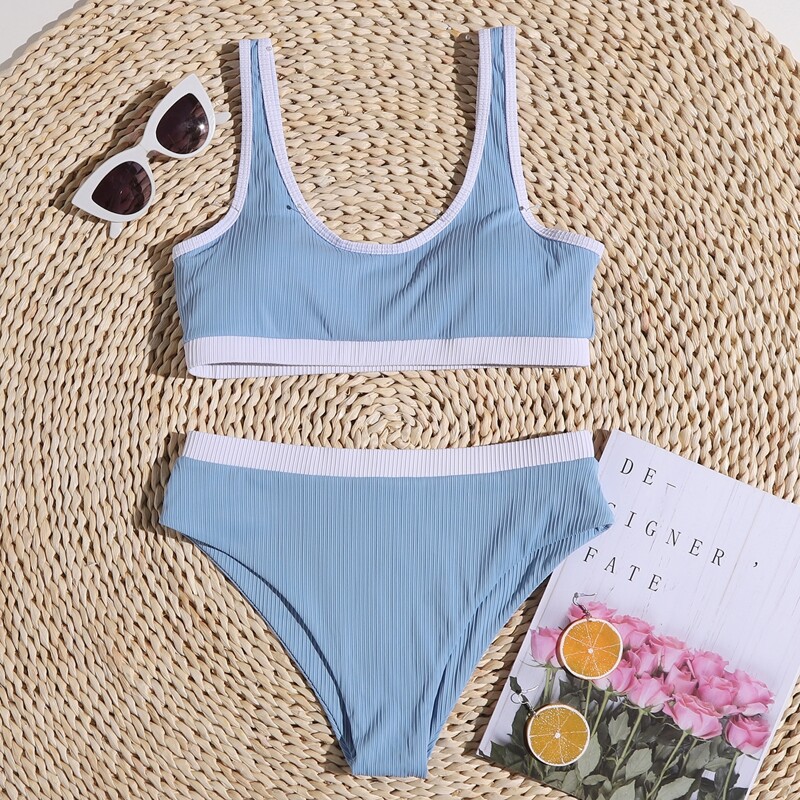 

Contrast Binding Tank Bikini Swimsuit, Blue and white