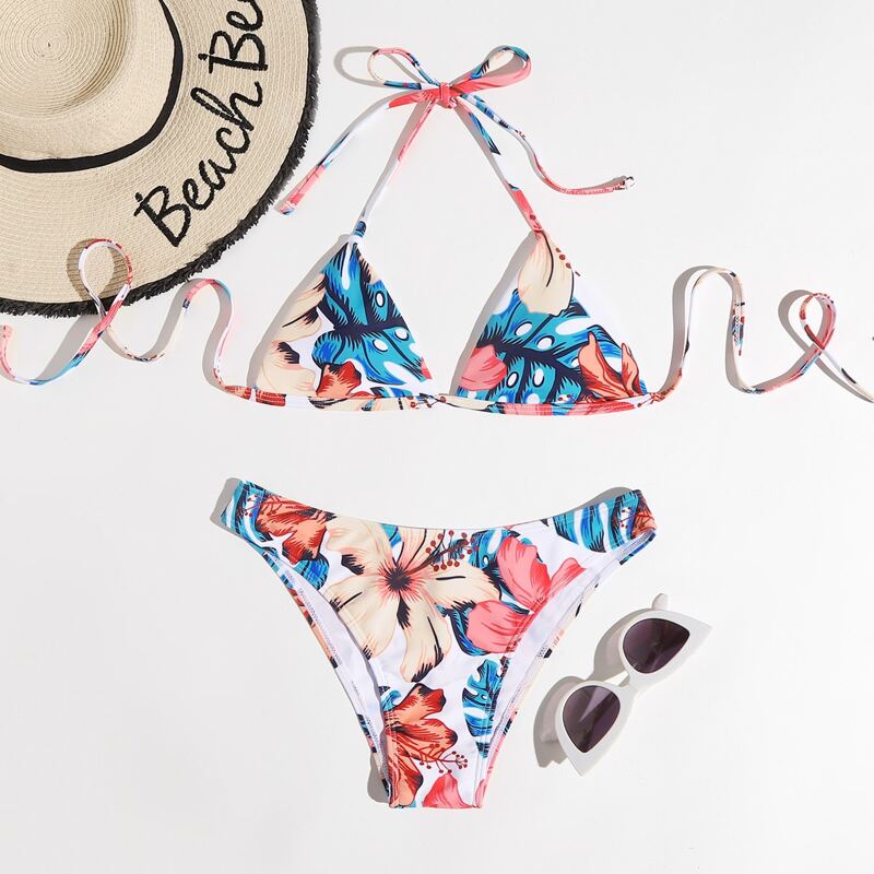 

Floral & Leaf Print Halter Bikini Swimsuit, Multicolor
