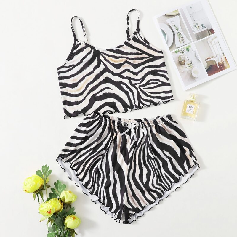 

Zebra Stripe Lettuce Trim Pajama Set, Multicolor