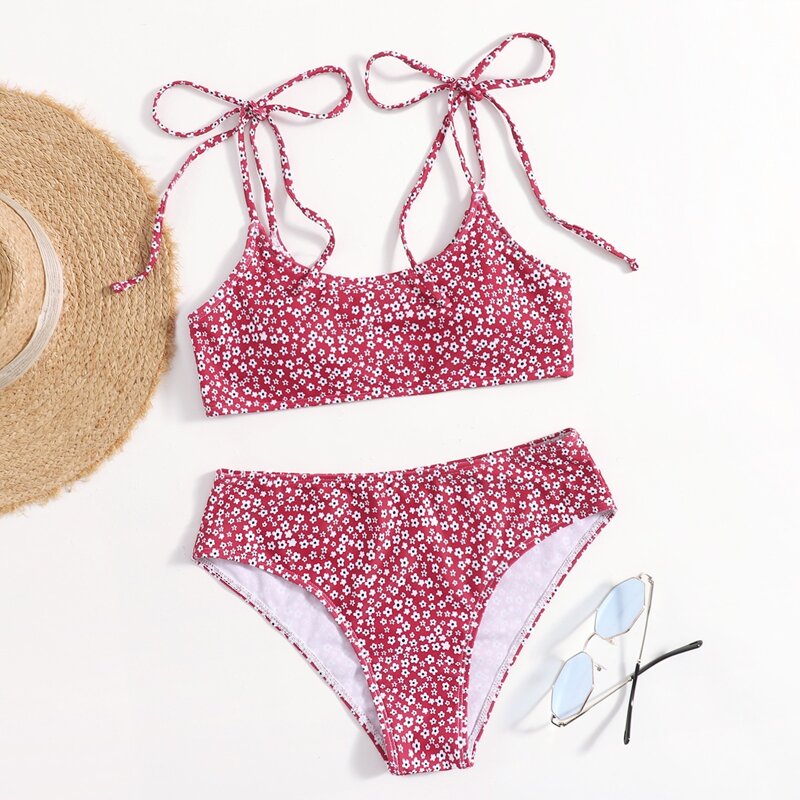 

Ditsy Floral Tie Shoulder Bikini Swimsuit, Red