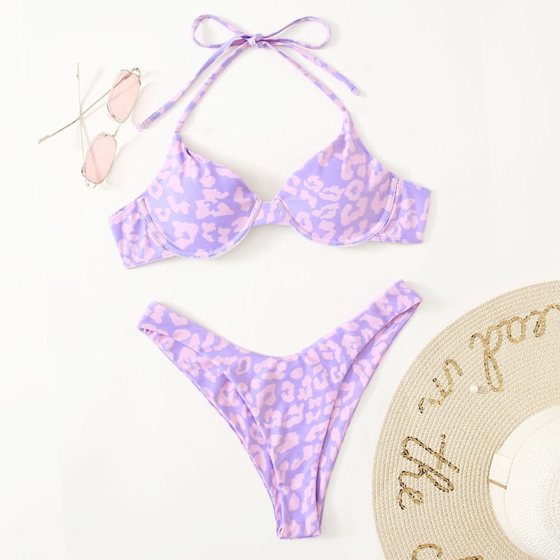 

Leopard Underwire High Leg Bikini Swimsuit, Purple