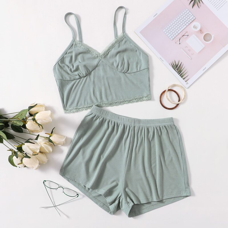 

Lace Insert Rib-knit Lounge Set, Mint green