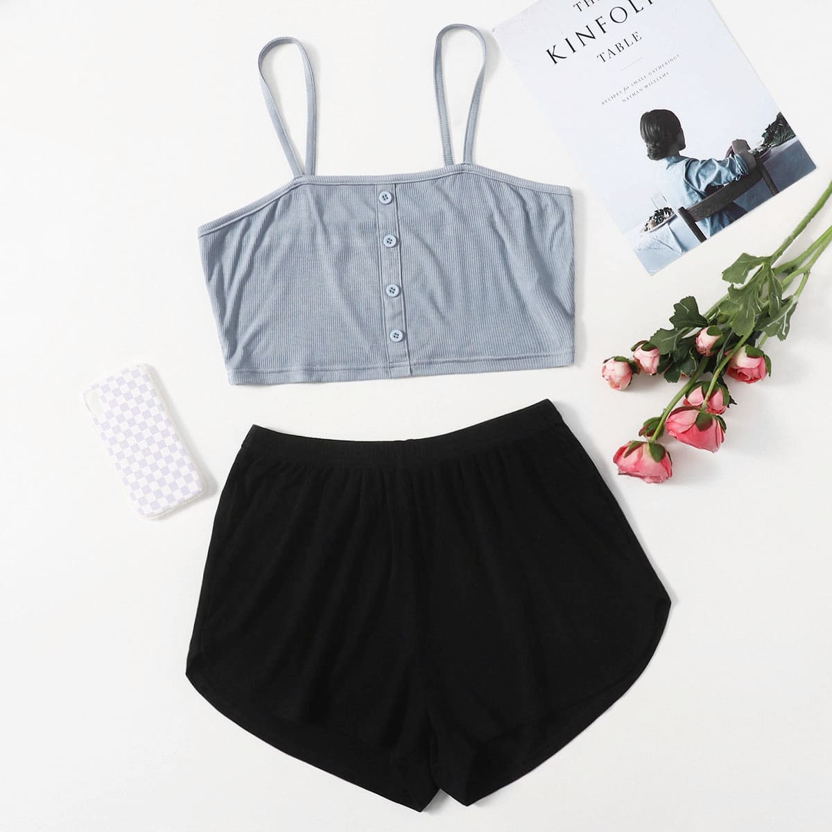 

Button Front Cami Top With Shorts Lounge Set, Multicolor