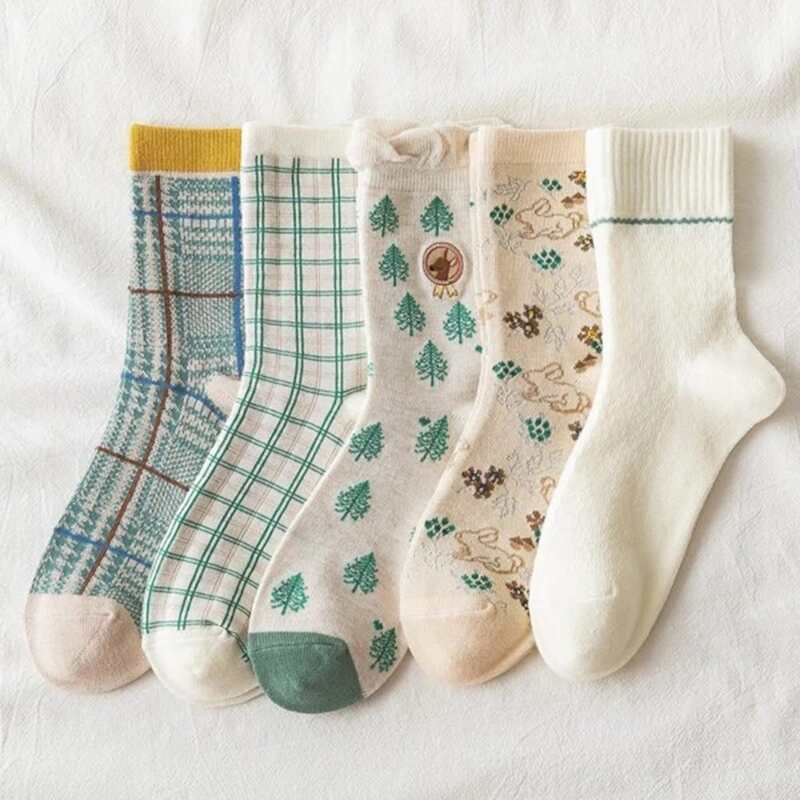 

5pairs Cartoon & Plaid Crew Socks, Multicolor
