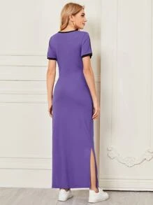 Mulvari 花卉和字母刺繡開衩下擺連衣裙 - 紫羅蘭色 - 查看 3