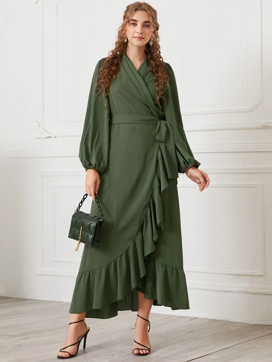 SHEIN 燈籠袖自腰帶圍裹前連衣裙 - 軍綠色 - 查看 1