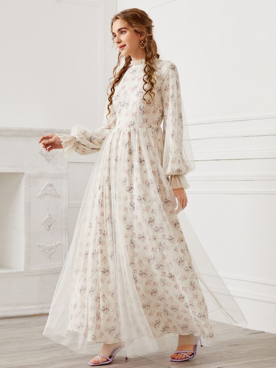 Ditsy Floral Mesh Overlay Modest Long Sleeve Dress