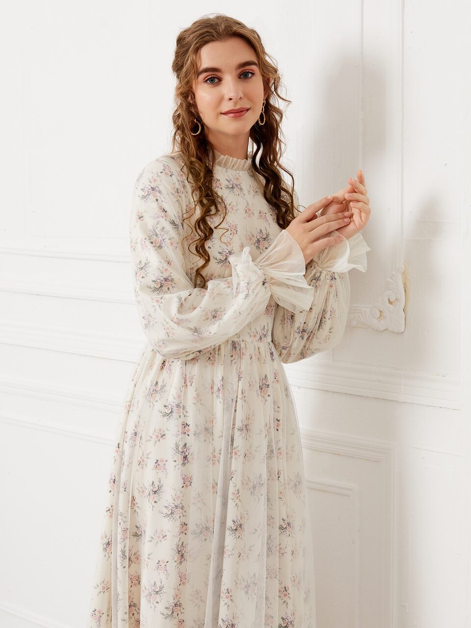 Ditsy Floral Mesh Overlay Modest Long Sleeve Dress