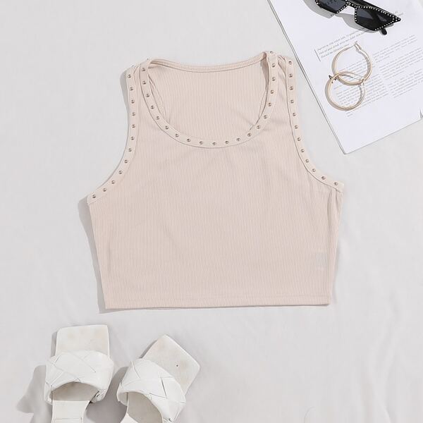 

Beaded Racer Back Crop Tank Top, Apricot