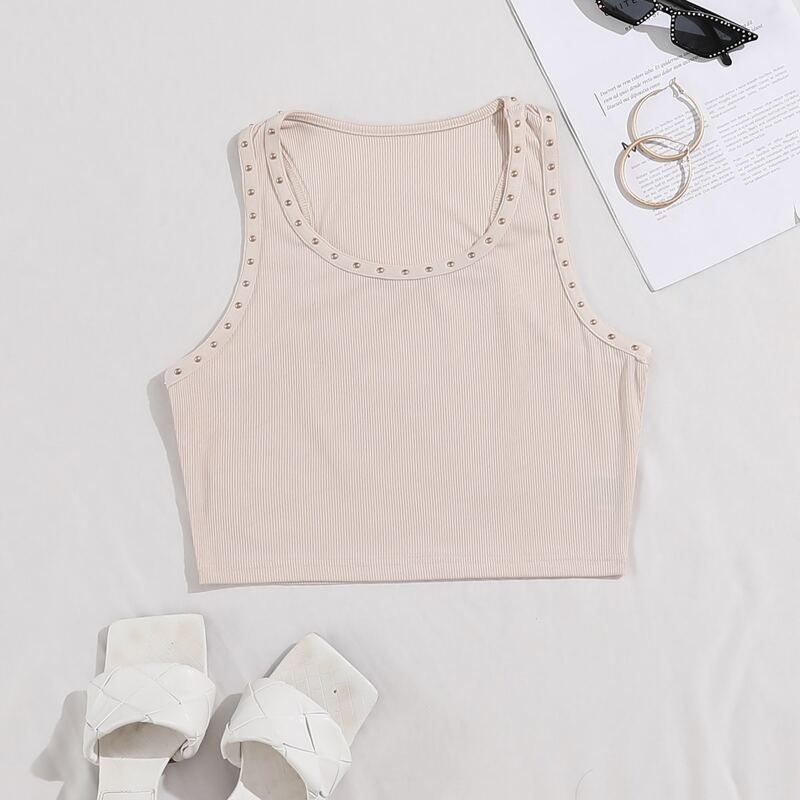 

Beaded Racer Back Crop Tank Top, Apricot