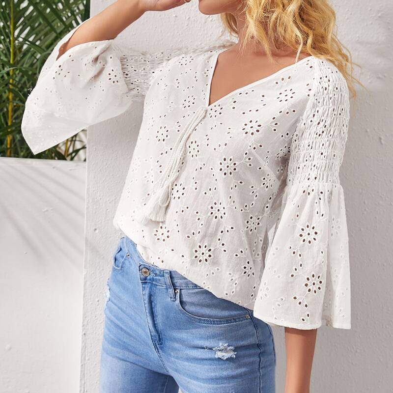 

Bell Sleeve Tassel Tie Front Schiffy Top, White