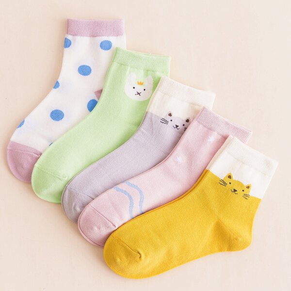 

5pairs Toddler Girls Cartoon Animal Print Socks, Multicolor
