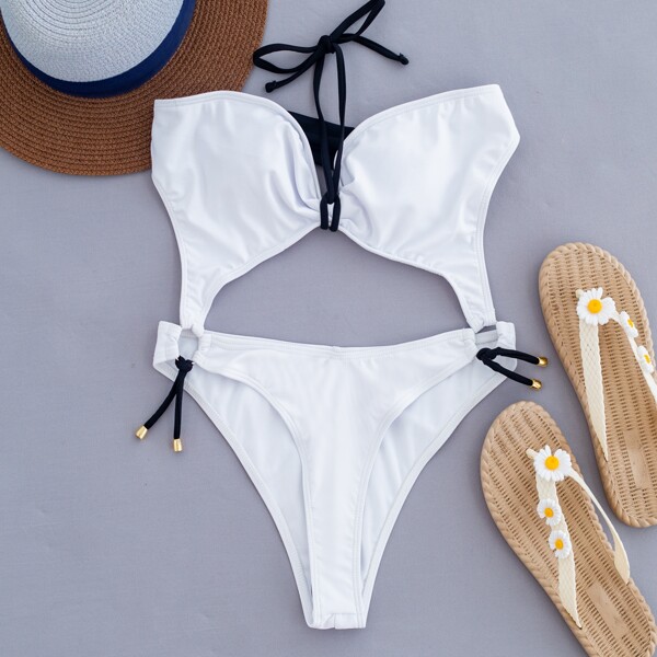 

Cut-out Ring Linked Halter One Piece Swimsuit, White