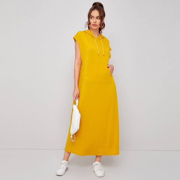 

Kangaroo Pocket Drawstring Hooded Dress, Yellow