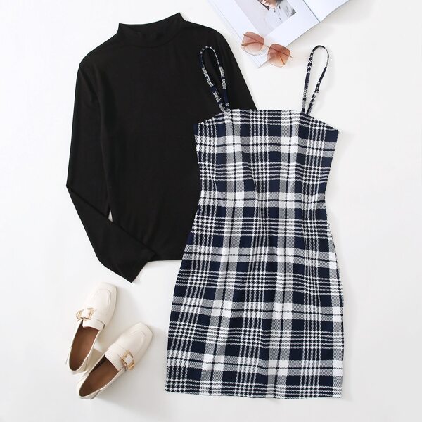 

Plus Plaid Bodycon Dress With Mock Neck Top, Multicolor