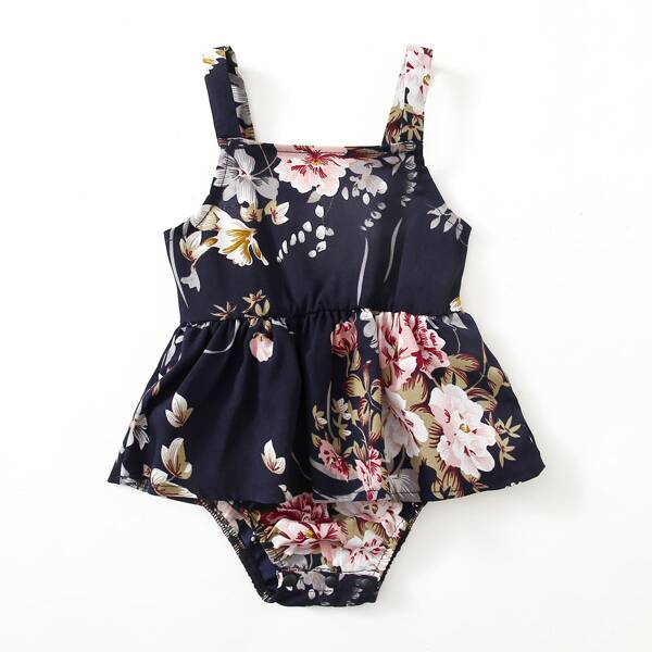 

Baby Girl 1pc Floral Print Cami Combo Bodysuit Dress, Navy blue