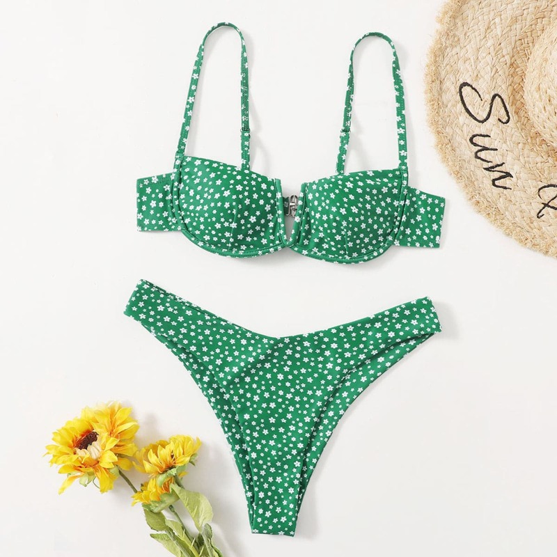 

Ditsy Floral Underwire Bikini Swimsuit, Green