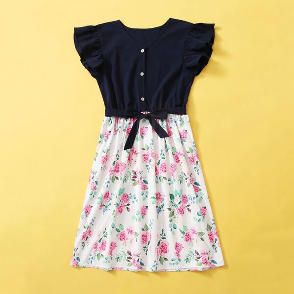 

1pc Flower Print Tie Front Dress, Multicolor