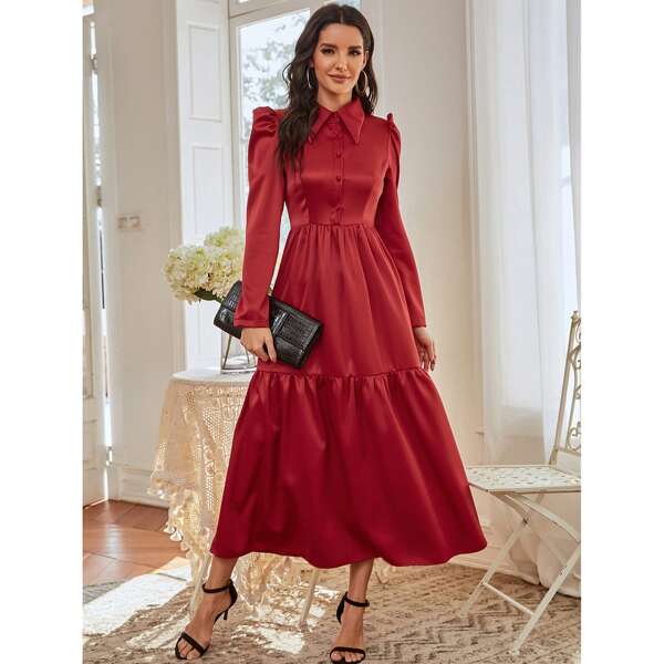 

Solid Half Button Shirt Dress, Burgundy